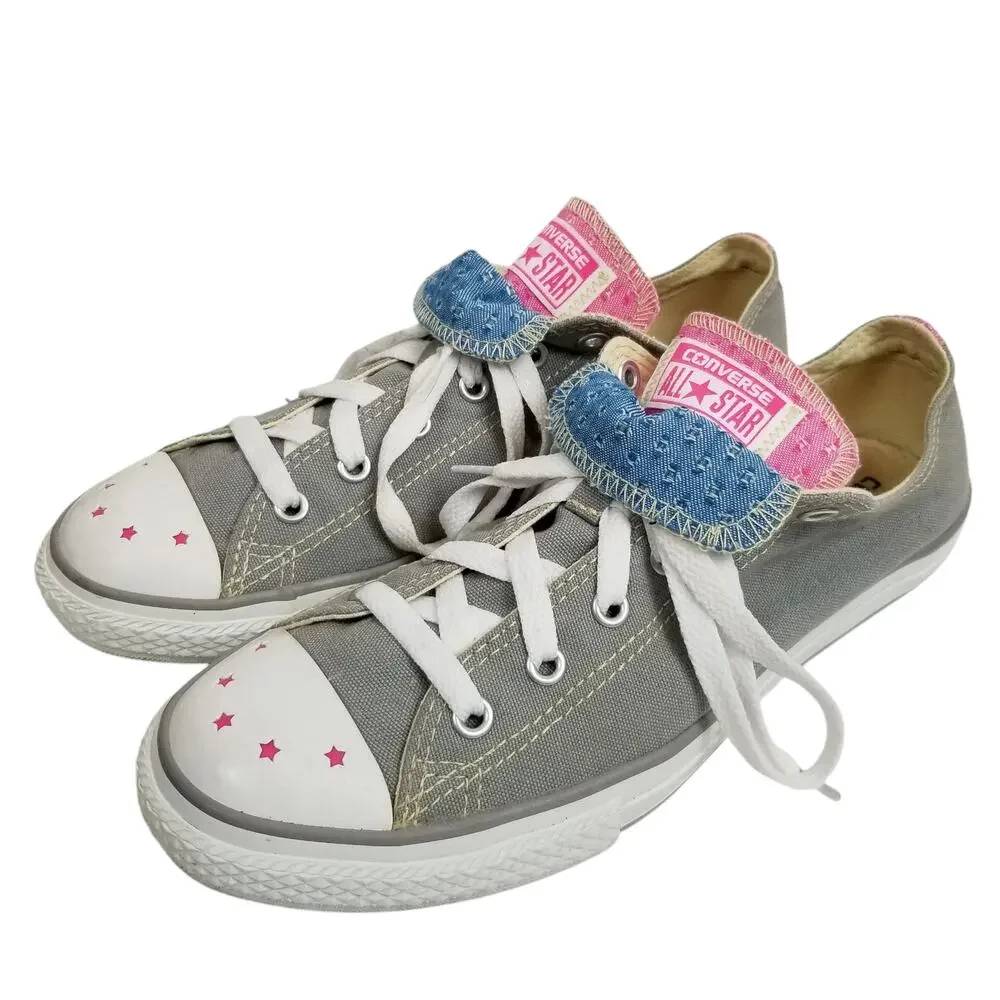 Converse All Star Women's Girls Double Tongue Low Top Sneakers Gray Pink Blue - Picture 1 of 9